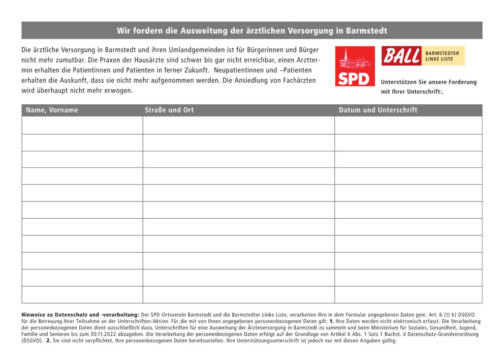 Muster der Unterschriftenliste mit Link zum PDF