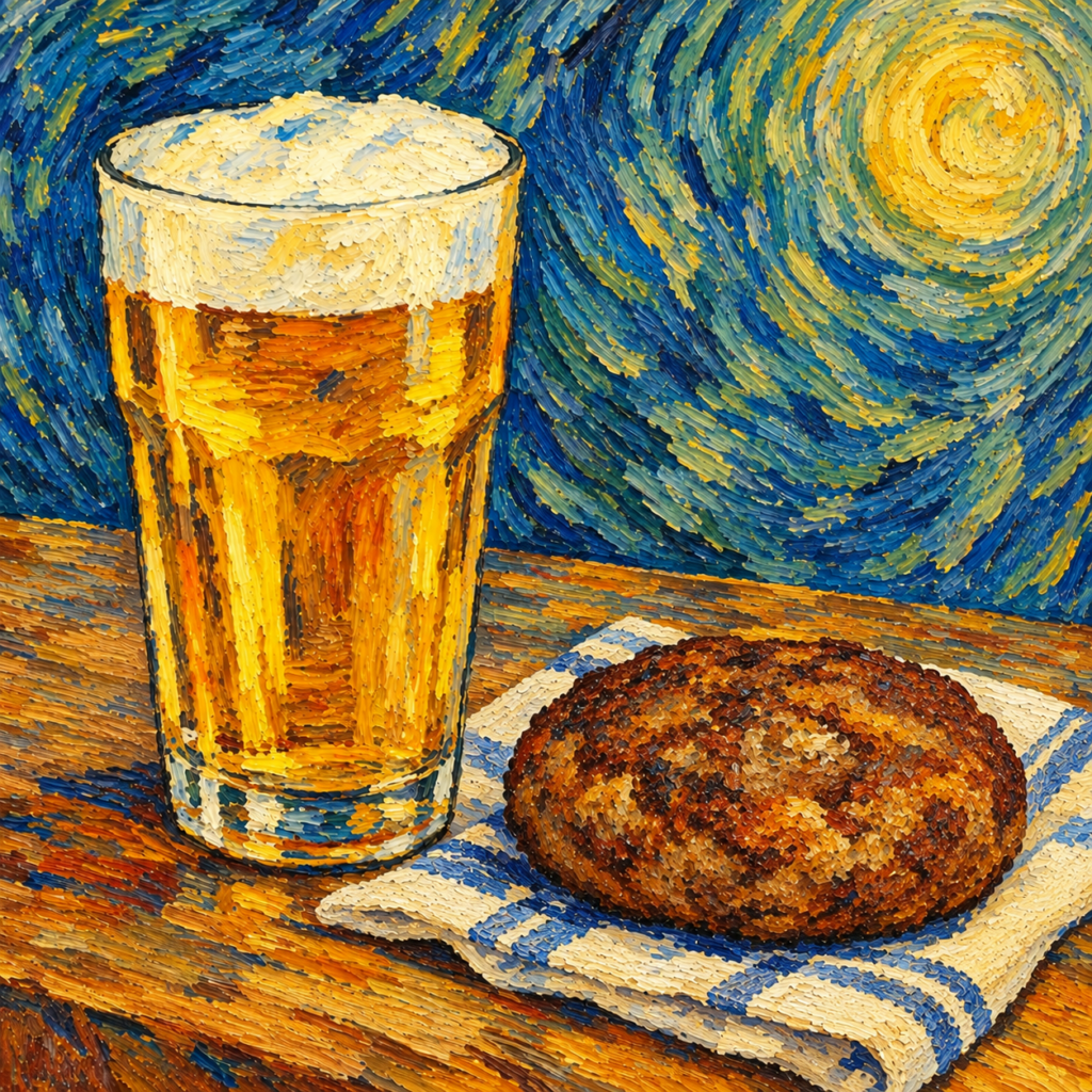 Bier und Frikadelle im Stil von van Gogh (KI generiert)