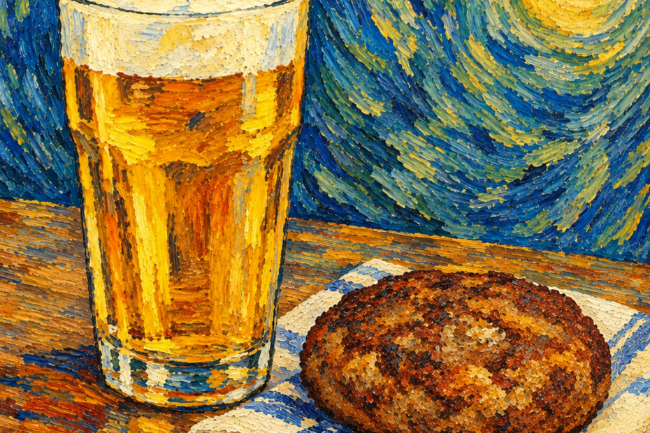 Bier und Frikadelle im Stil von van Gogh (KI generiert)